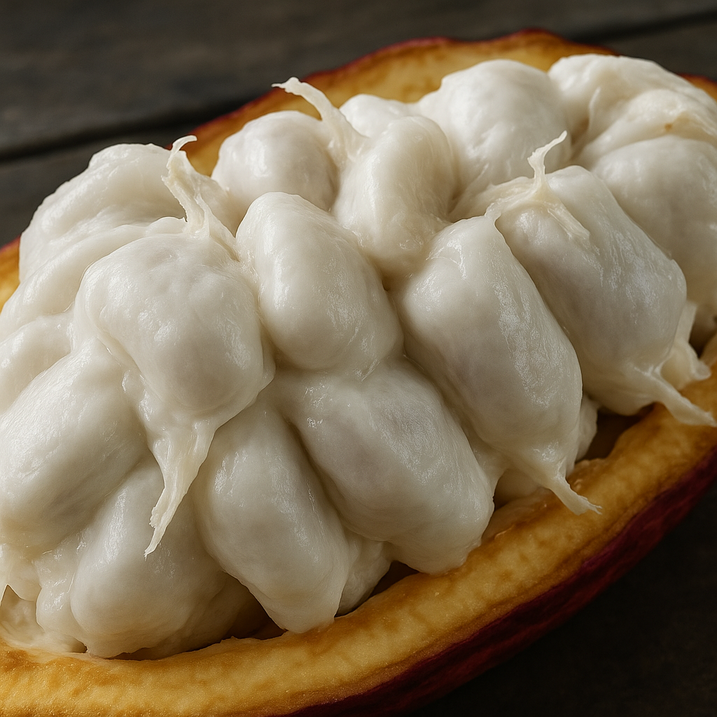 Cacao pod cross-section showing white mucilage